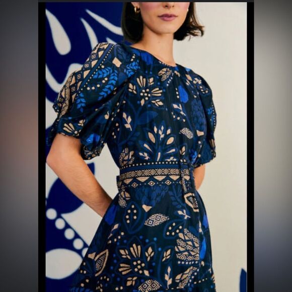 Farm Rio Macaw Forest Cotton Blend Puff Sleeve Round Neck Belted Mini Dress - Picture 11 of 11